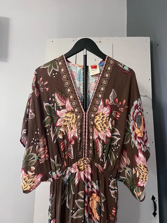 Farm Rio Anthropologie Valentina Floral Maxi Dress Brown Boho Kimono Sleeve Sz S - Picture 3 of 16